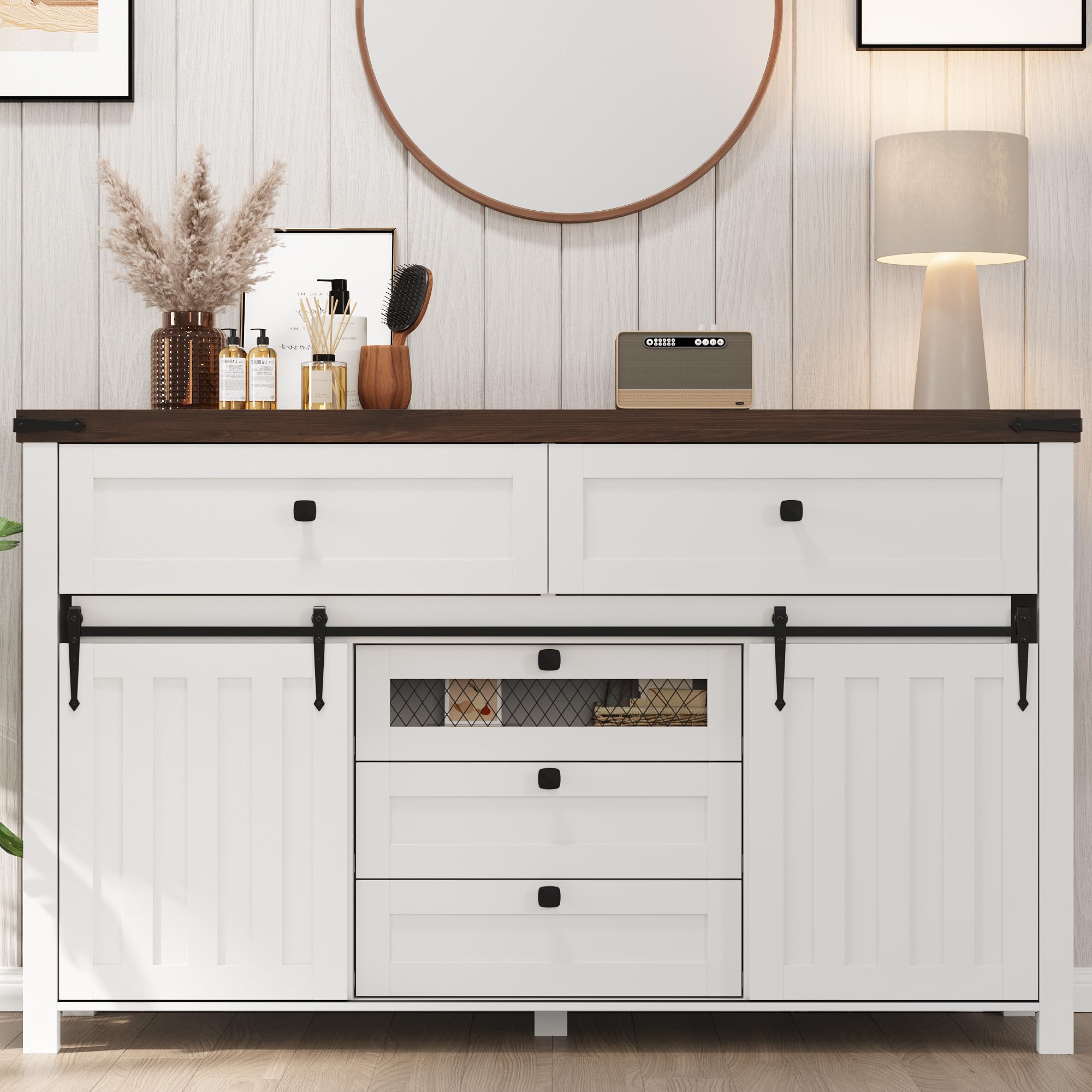 GARVEE Farmhouse Buffet Cabinet, Kitchen Sideboard with Sliding Barn Doors, 5 Drawers, Wooden Storage Cabinet, Coffee Bar Station for Kitchen, Living Room, Dining Room, White