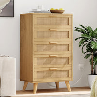 GARVEE 5 Drawer Dresser for Bedroom, Rattan Chest of Drawers with Deep Drawers, Large Modern Double Dresser for Closet with Wide Top, Horizontal Wooden Dresser for Living Room, Hallway, Kids Room, Natural