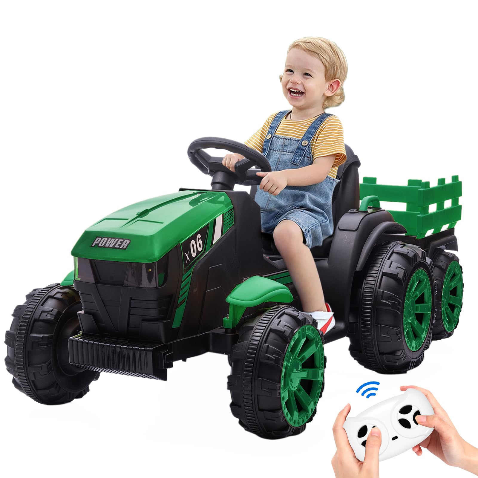 GARVEE 12V Kids Ride On Tractor with Trailer, LED Lights for Boy Girl - Green