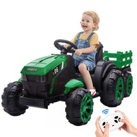 GARVEE 12V Kids Ride On Tractor with Trailer, LED Lights for Boy Girl - Green