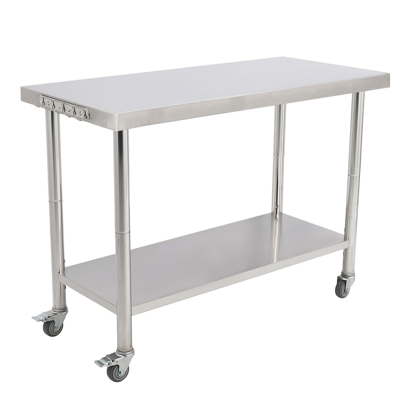 GARVEE Stainless Steel Work Table, 48"x24" Heavy Duty Prep Table with Undershelf, High Load Bearing Metal Table, Commercial Worktable with 4 Wheels & Hooks for Kitchen Restaurant