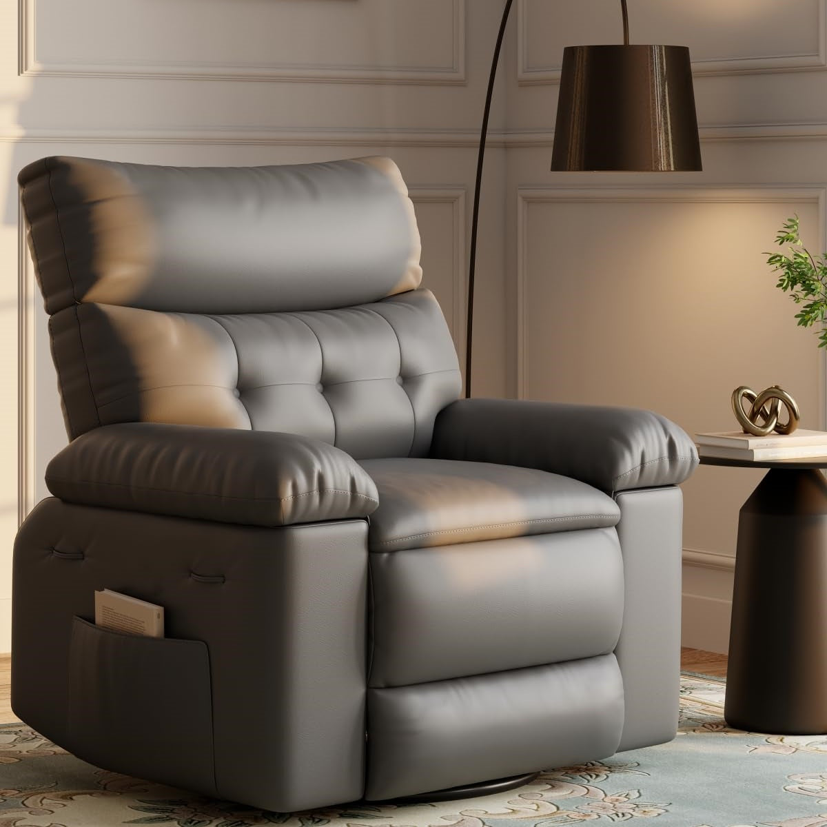 GARVEE Oversized Recliner Chairs with Heat and Massage - 360° Swivel Lazy Boy Recliner Chair for Adults- Manual Rocking Chair with Cup Holder for Living Rooms, Bedrooms, and Nurseries - Grey