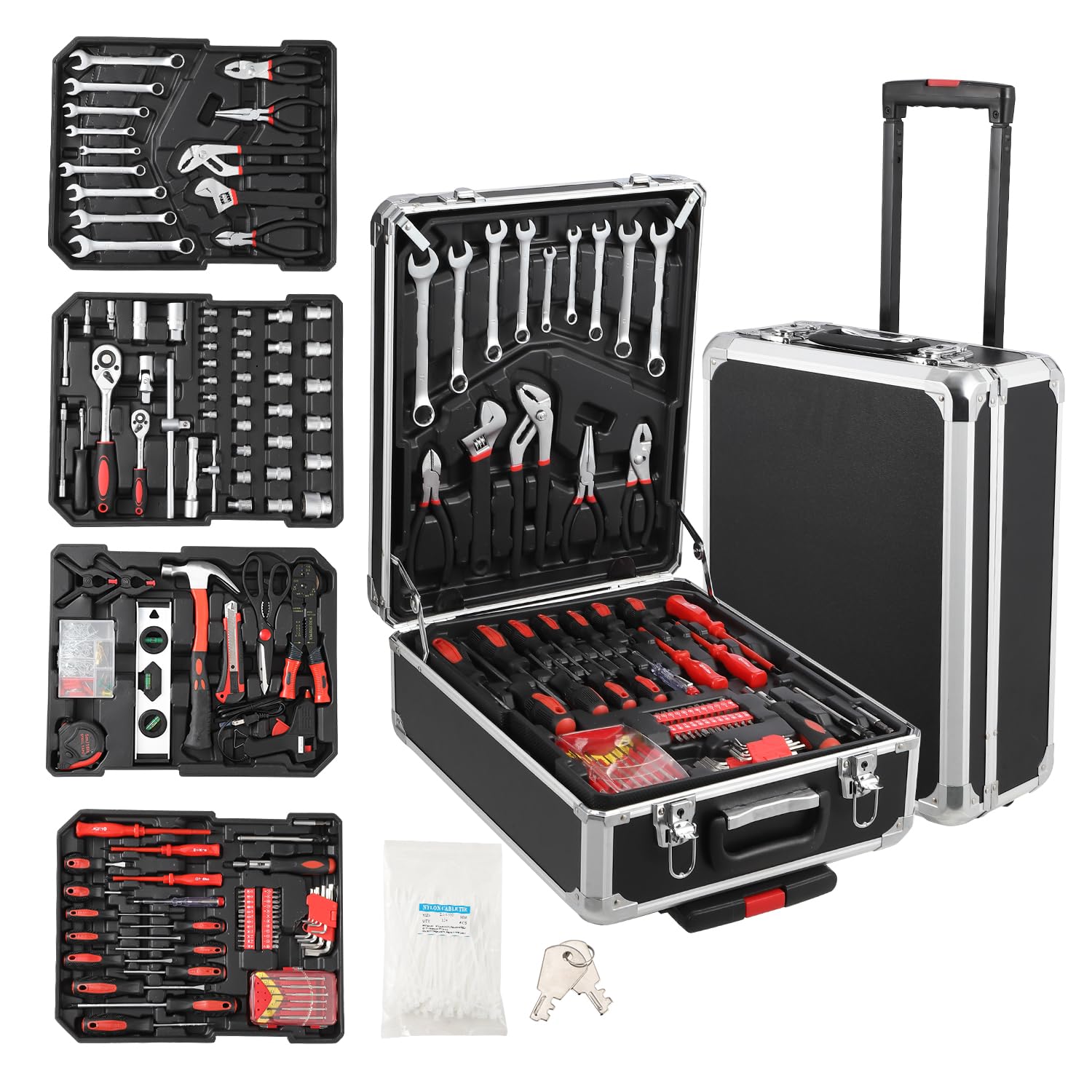 GARVEE 800 Piece Tool Kit Aluminum Trolley Case Tool Set, Socket Wrench Hand Tool Set Mechanic Rolling Tool Box, House Repair Kit Set, Household Hand Tool Set, with Tool Belt