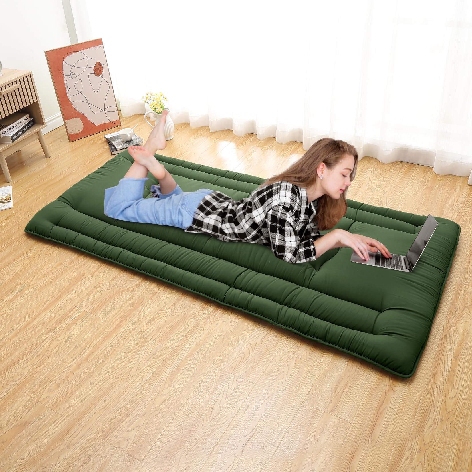 GARVEE Futon Mattress Twin Size, Japanese Floor Mattress Foldable Tatami Mat, Roll Up Floor Bed Mattress Kids Floor Play Mat, Japanese Floor Bed for Dorm House Guest, Army Green