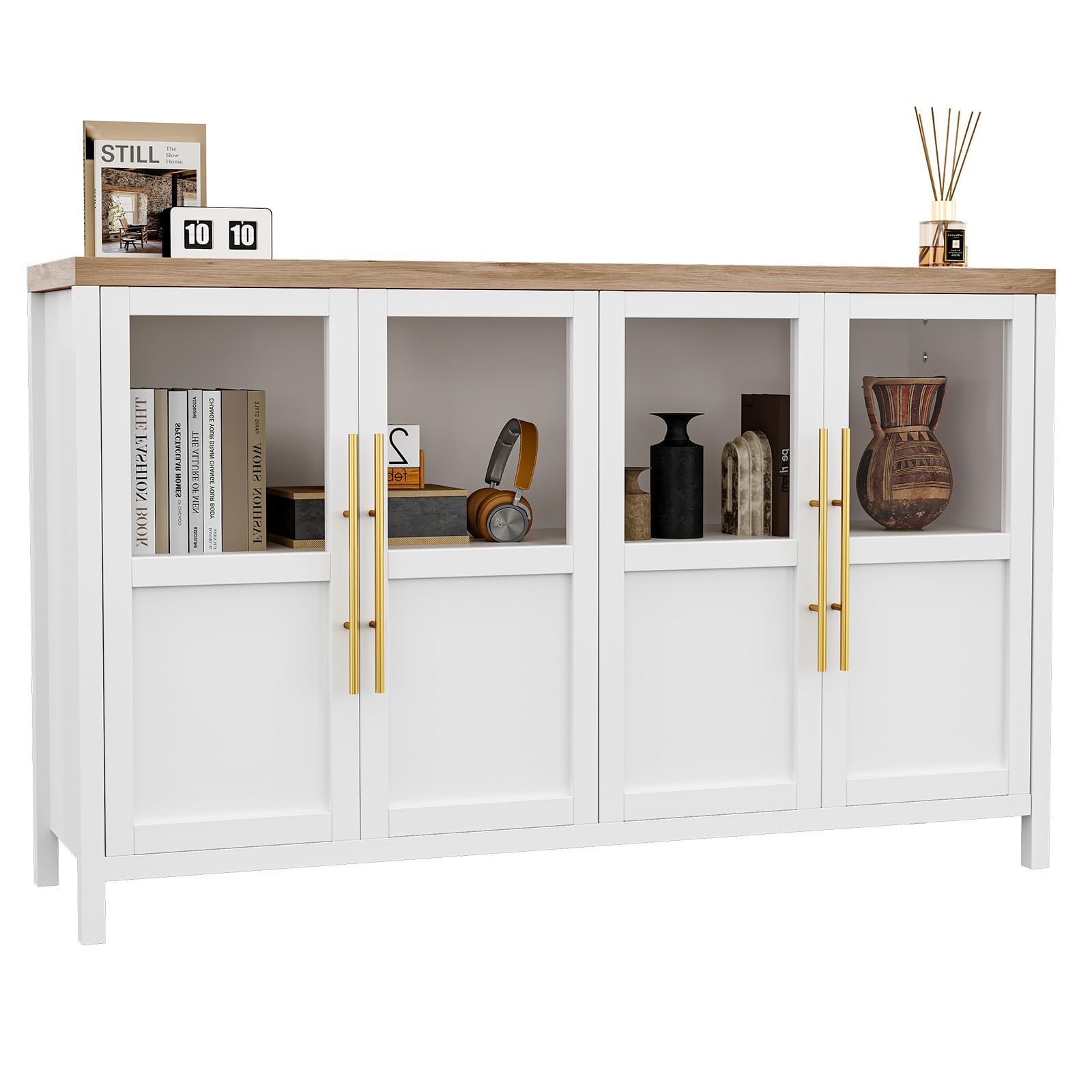 GARVEE Sideboard Buffet Cabinet with 4 Glass Doors, 55" Large Buffet Cabinet with Storage, Modern Farmhouse Storage Cabinet Table for Kitchen Dining Room, Living Room (Glass with 4 Door, White)