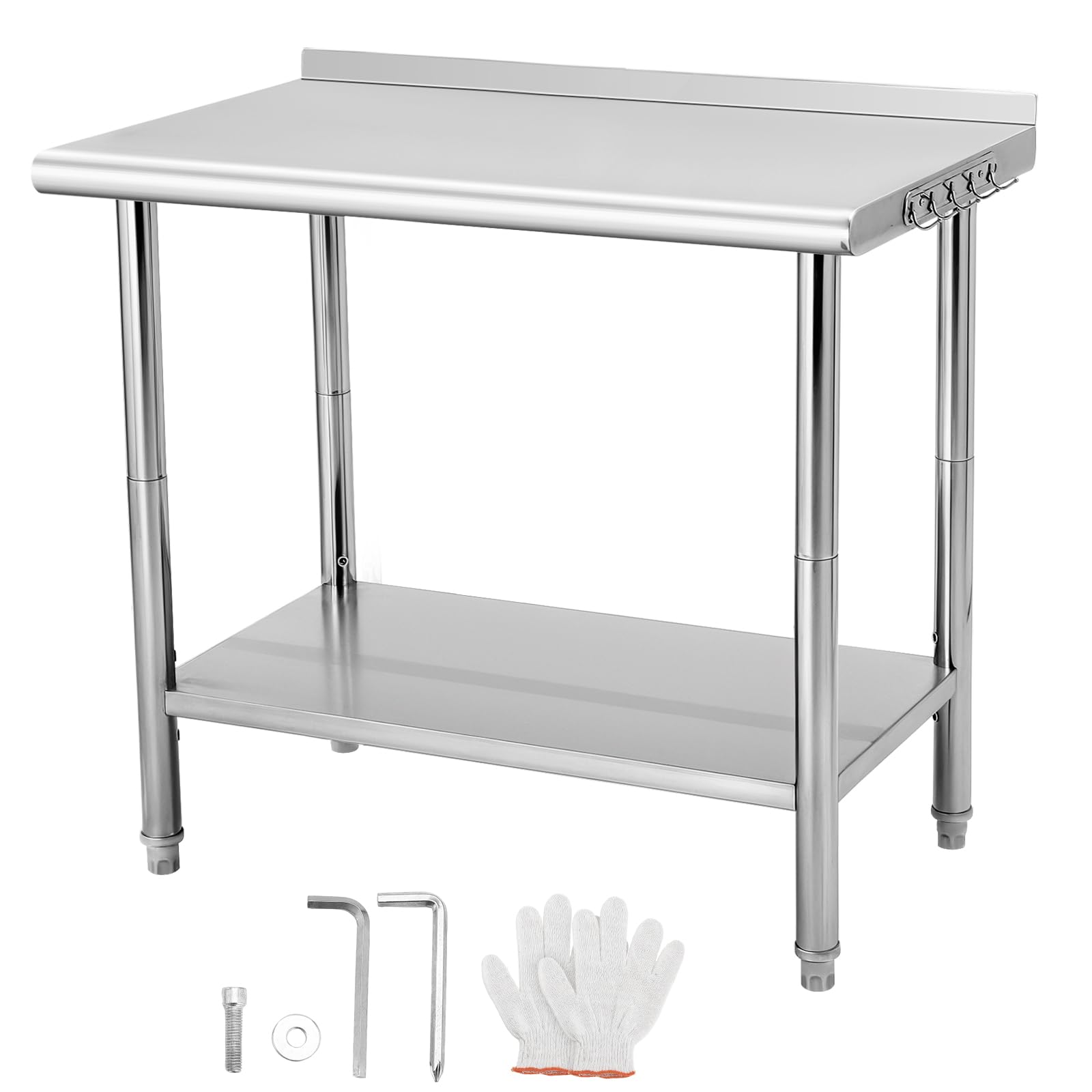 GARVEE Stainless Steel Table for Prep & Work with Backsplash, Commercial Metal Kitchen Prep Table with Hooks and Adjustable Shelf, Heavy Duty Table for Home Garage Restaurant