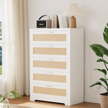 GARVEE 5 Drawer Dresser Rattan Dresser, Tall Chest of Drawers, Wood Dresser for Bedroom, Closet, Living Room, Hallway