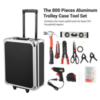 GARVEE 800 Piece Tool Kit Aluminum Trolley Case Tool Set, Socket Wrench Hand Tool Set Mechanic Rolling Tool Box, House Repair Kit Set, Household Hand Tool Set, with Tool Belt