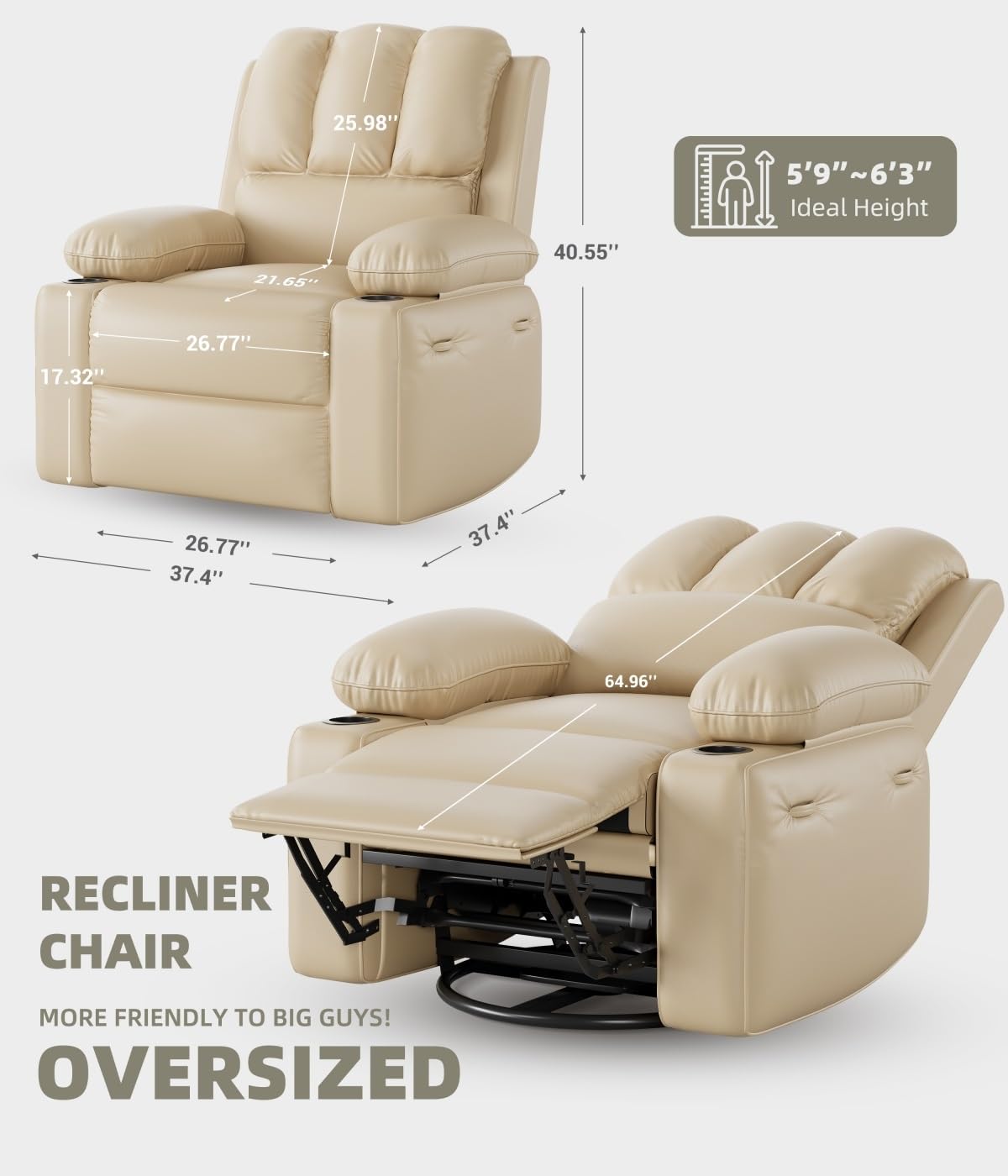 GARVEE Oversized 27" Recliner Chairs with Heat and Massage - 360° Swivel Lazy Boy Recliner Chair for Adults- Manual Rocking Chair with Cup Holder for Living Rooms, Bedrooms and Nurseries - Creamy