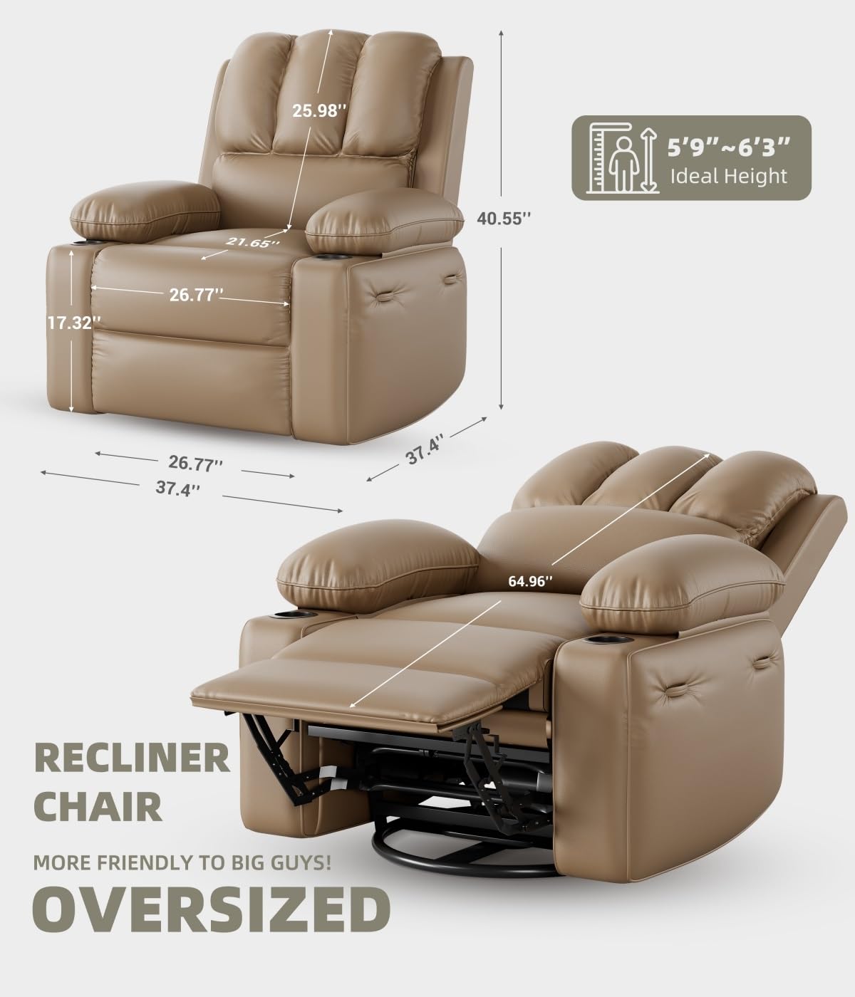 GARVEE Oversized 27" Recliner Chairs with Heat and Massage - 360° Swivel Lazy Boy Recliner Chair for Adults- Manual Rocking Chair with Cup Holder for Living Rooms, Bedrooms and Nurseries - Tan