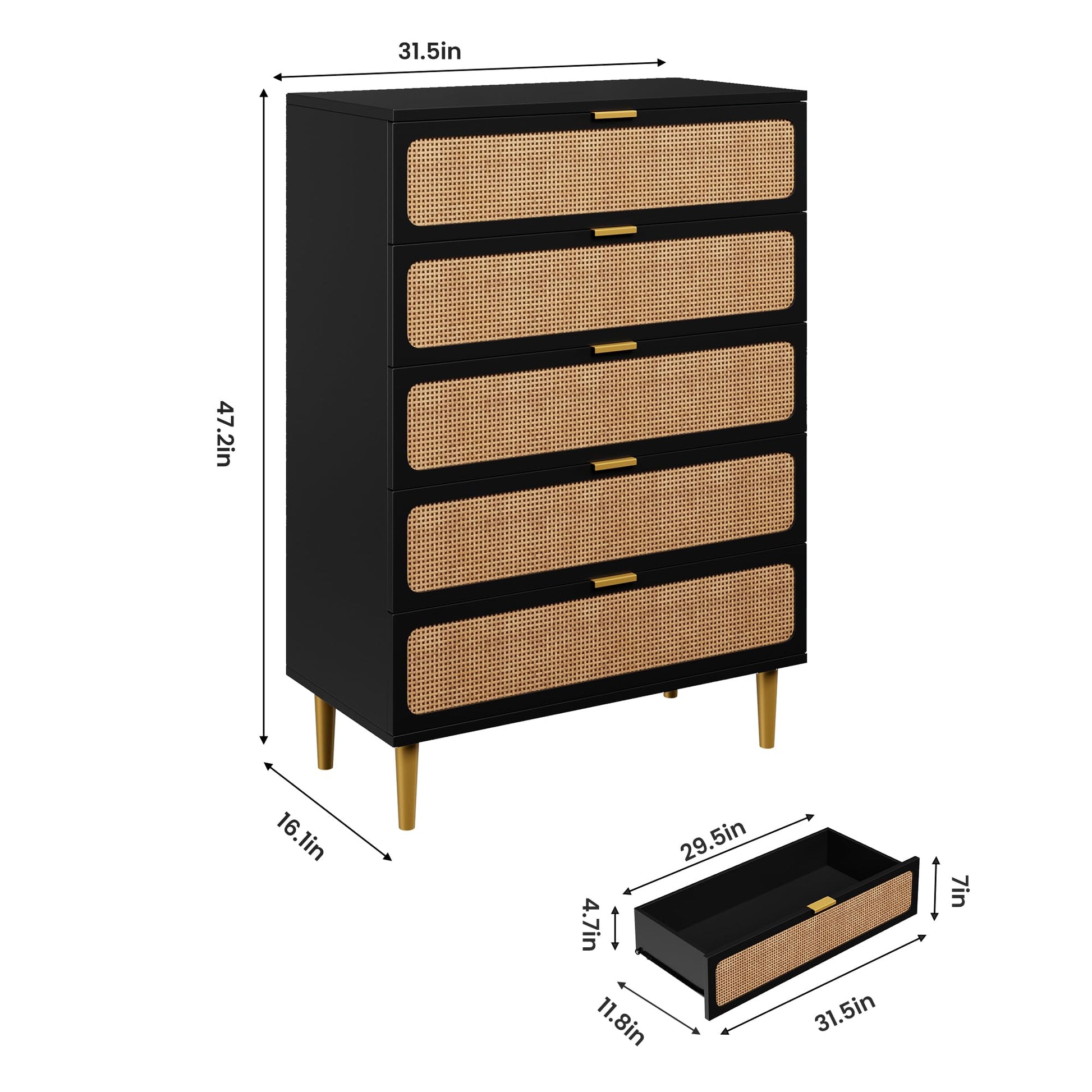 GARVEE 5 Drawer Dresser for Bedroom, Rattan Chest of Drawers with Deep Drawers, Large Modern Double Dresser for Closet with Wide Top, Horizontal Wooden Dresser for Living Room, Hallway, Kids Room, Black