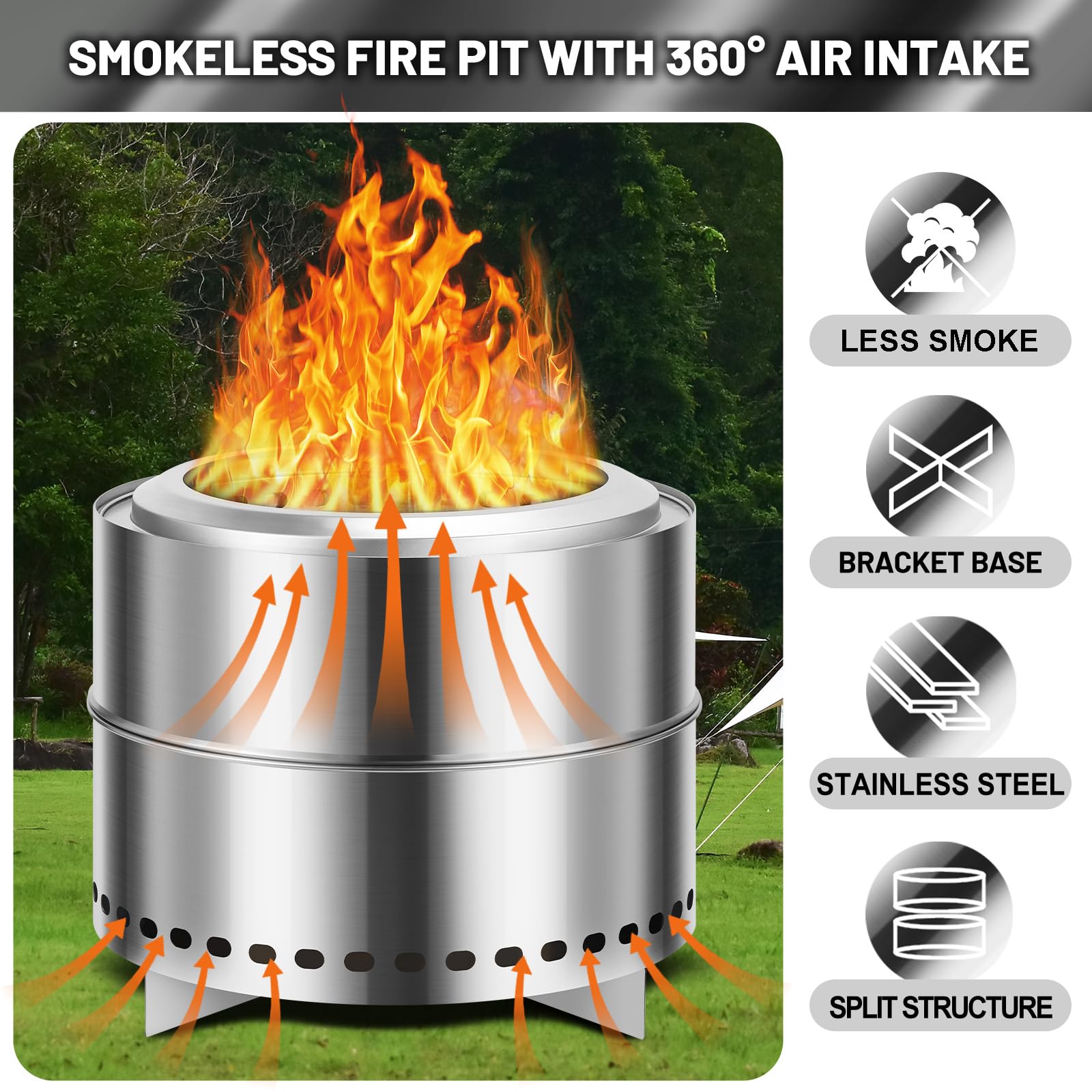 GARVEE 20 Inch Portable Smokeless Firepit with Stand, Bonfire Wood Burning Fire Pit for Camping & Picnic Outside, Stainless Steel Large Fire Pit with Carry Bag, Split Structure