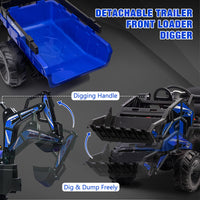 GARVEE 3-in-1 Ride-On Tractor, 24V Electric, Excavator & Bulldozer, Remote Control, LED, Music, USB/Bluetooth - Bright-blue