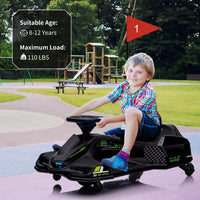 GARVEE 24V Drift Go-Kart for Kids: Quality Metal, 7.5mph, LED, Music, for 8-12 Years Old - Black