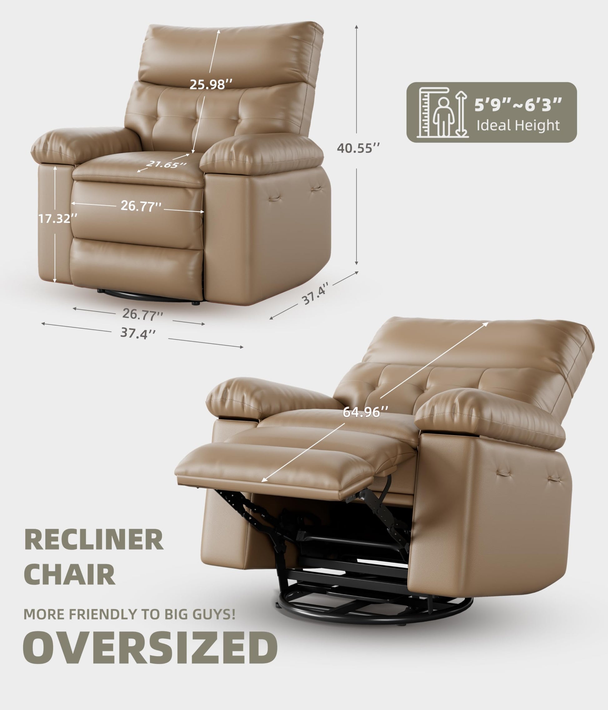 GARVEE 27'' Oversized Rocker Swivel Recliner Chair, Lazy Boy for Adults, with Vibrating Massage and Heating, 1.5x Sponge Filling, Side Pocket, and Cup Holder, for Living Room, Bedroom, and Nursery