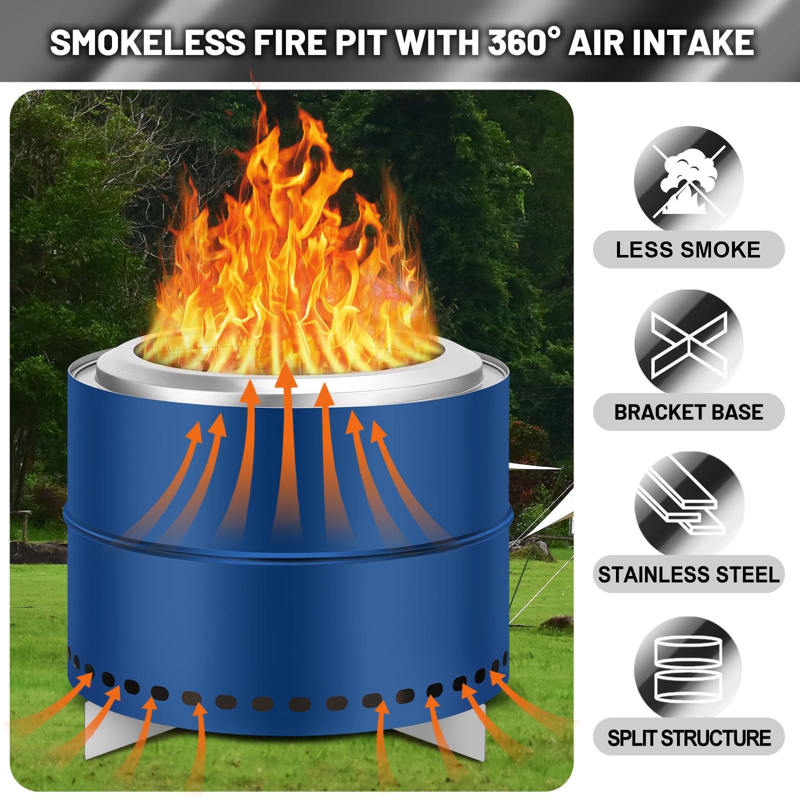 GARVEE 20 Inch Portable Smokeless Firepit with Stand, Bonfire Wood Burning Fire Pit for Camping & Picnic Outside, Stainless Steel Large Fire Pit with Carry Bag, Split Structure