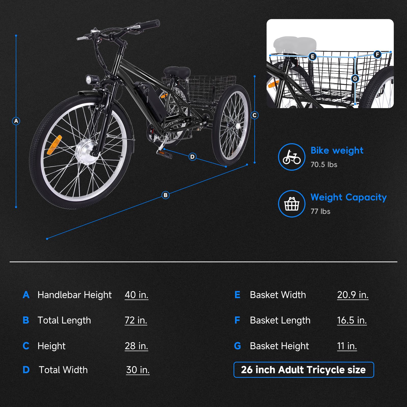 GARVEE 26 Inch Adult 3 Wheel  Electric Tricycle with Basket, Fat Tires,7 Speeds,350W Powerful Motor, 36V 10Ah Removable Battery - Dark Gray