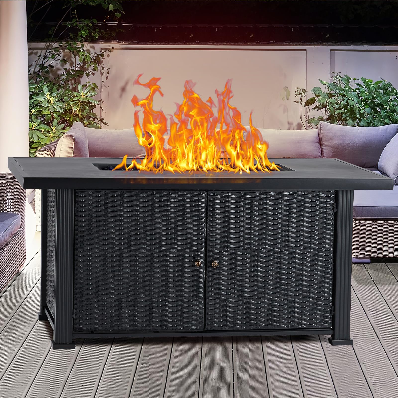 GARVEE 57 Inch Gas Fire Pit Table, 50,000 Btu Outdoor Propane Fire Pit with Lid, Rain Cover, Volcanic Rocks, Rectangular Fire Table for Outside Garden, Patio, Yard, Metal Fence Surface