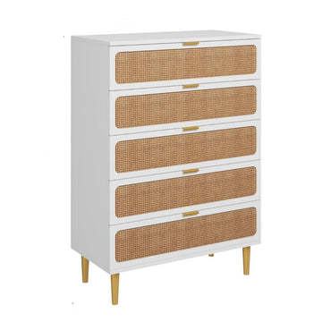 GARVEE 5 Drawer Dresser for Bedroom, Rattan Chest of Drawers with Deep Drawers, Large Modern Double Dresser for Closet with Wide Top, Horizontal Wooden Dresser for Living Room, Hallway, Kids Room, Natural