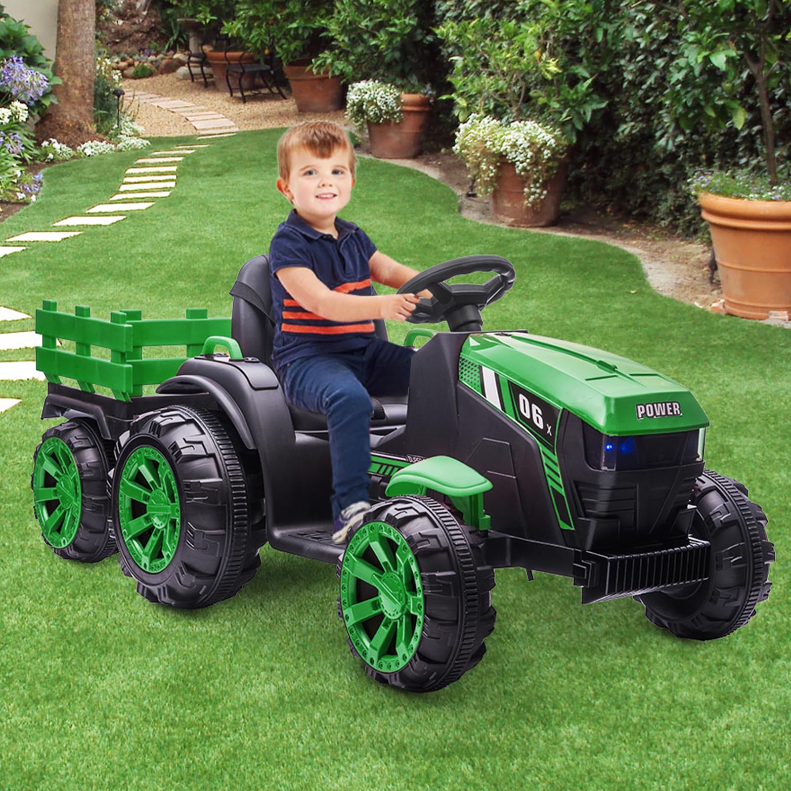 GARVEE 12V Kids Ride On Tractor with Trailer, LED Lights for Boy Girl - Green