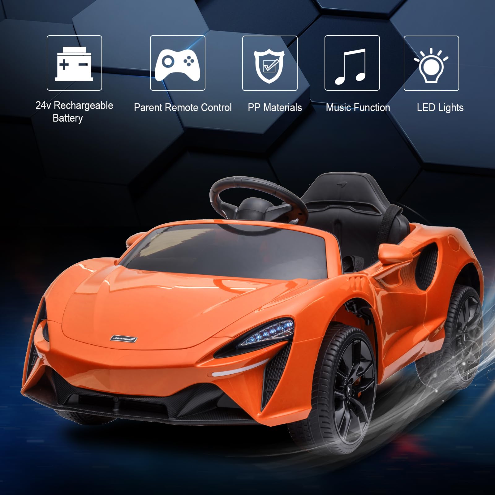 GARVEE 12V Kids Ride on Car, Licensed Mclaren Battery Powered Electric Car with Remote Control, 3 Speeds, Bluetooth Music, Horn, LED Lights, 4-Wheel Ride on Toys - Orange