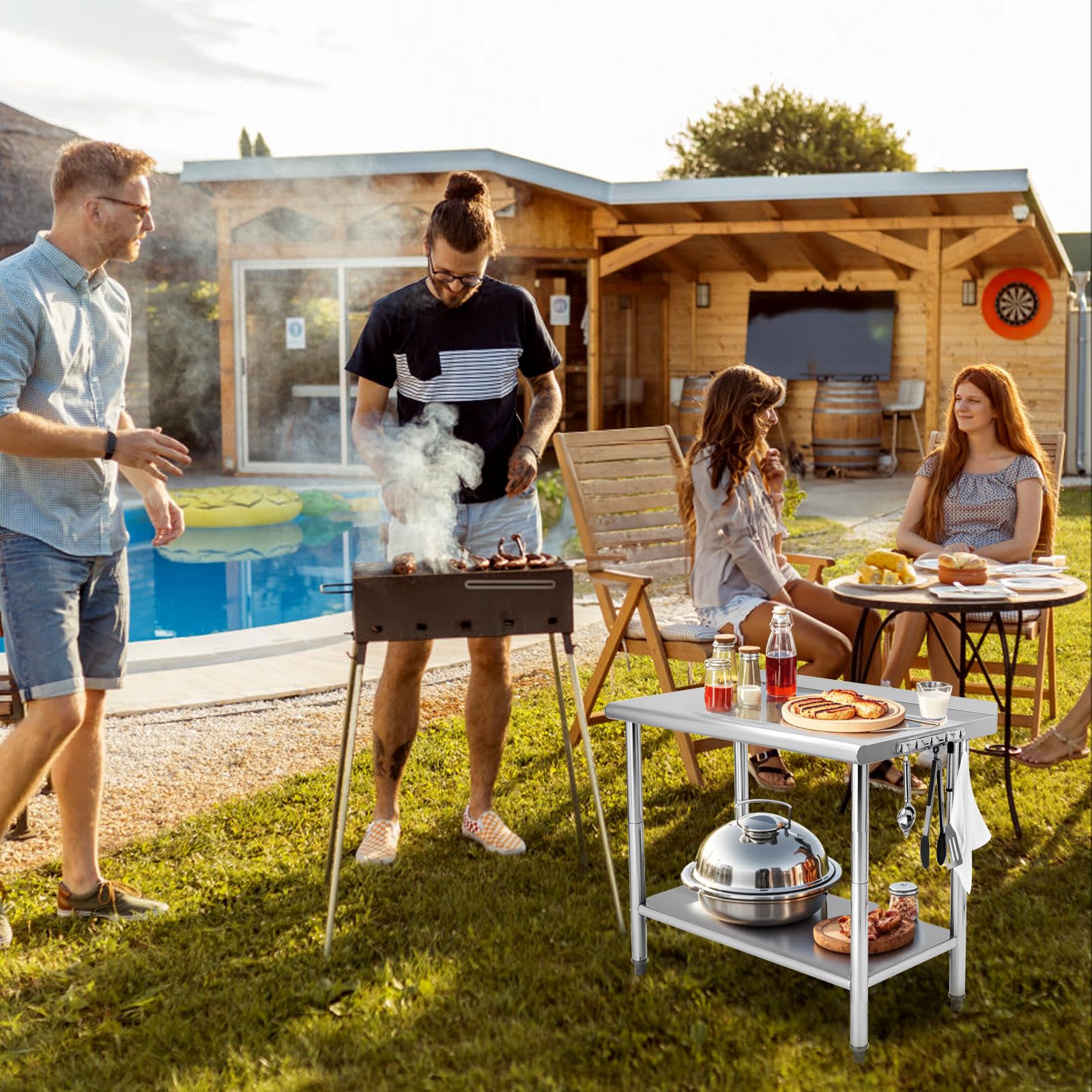 GARVEE Stainless Steel Table for Prep & Work with Backsplash, Commercial Metal Kitchen Prep Table with Hooks and Adjustable Shelf, Heavy Duty Table for Home Garage Restaurant