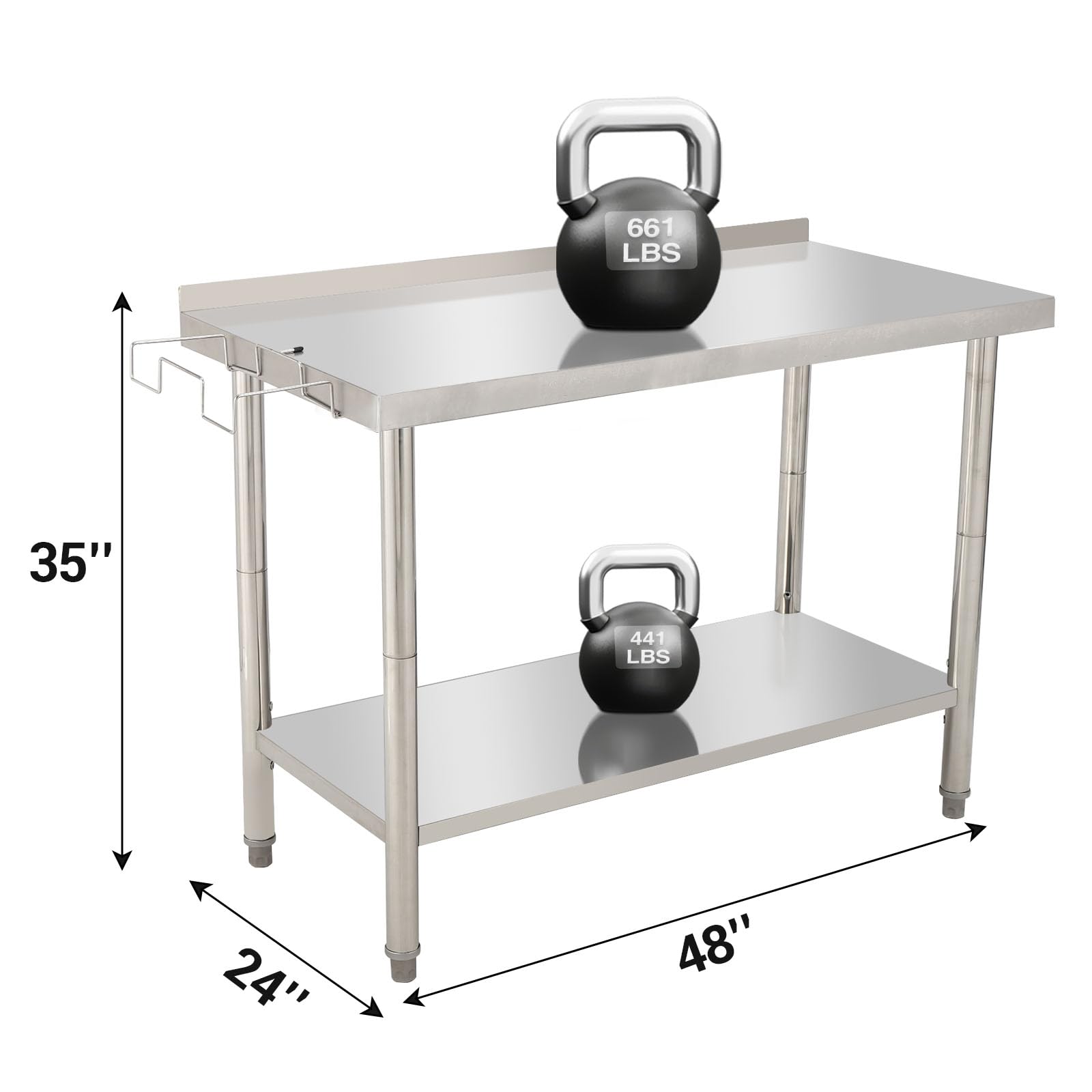 GARVEE Stainless Steel Work Table, 48"x24" Heavy Duty Prep Table with Undershelf, High Load Bearing Metal Table, Commercial Worktable with Backsplash & Garbage Rack for Kitchen