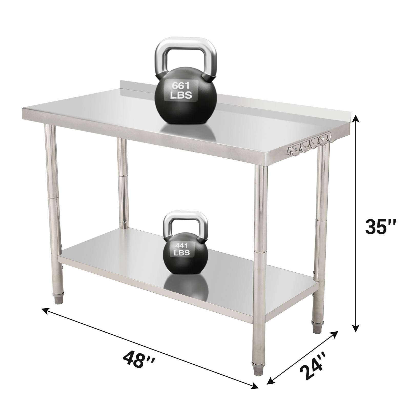 GARVEE Stainless Steel Work Table, 48"x24" Heavy Duty Prep Table with Undershelf, High Load Bearing Metal Table, Commercial Worktable with Backsplash & Hooks for Kitchen Restaurant