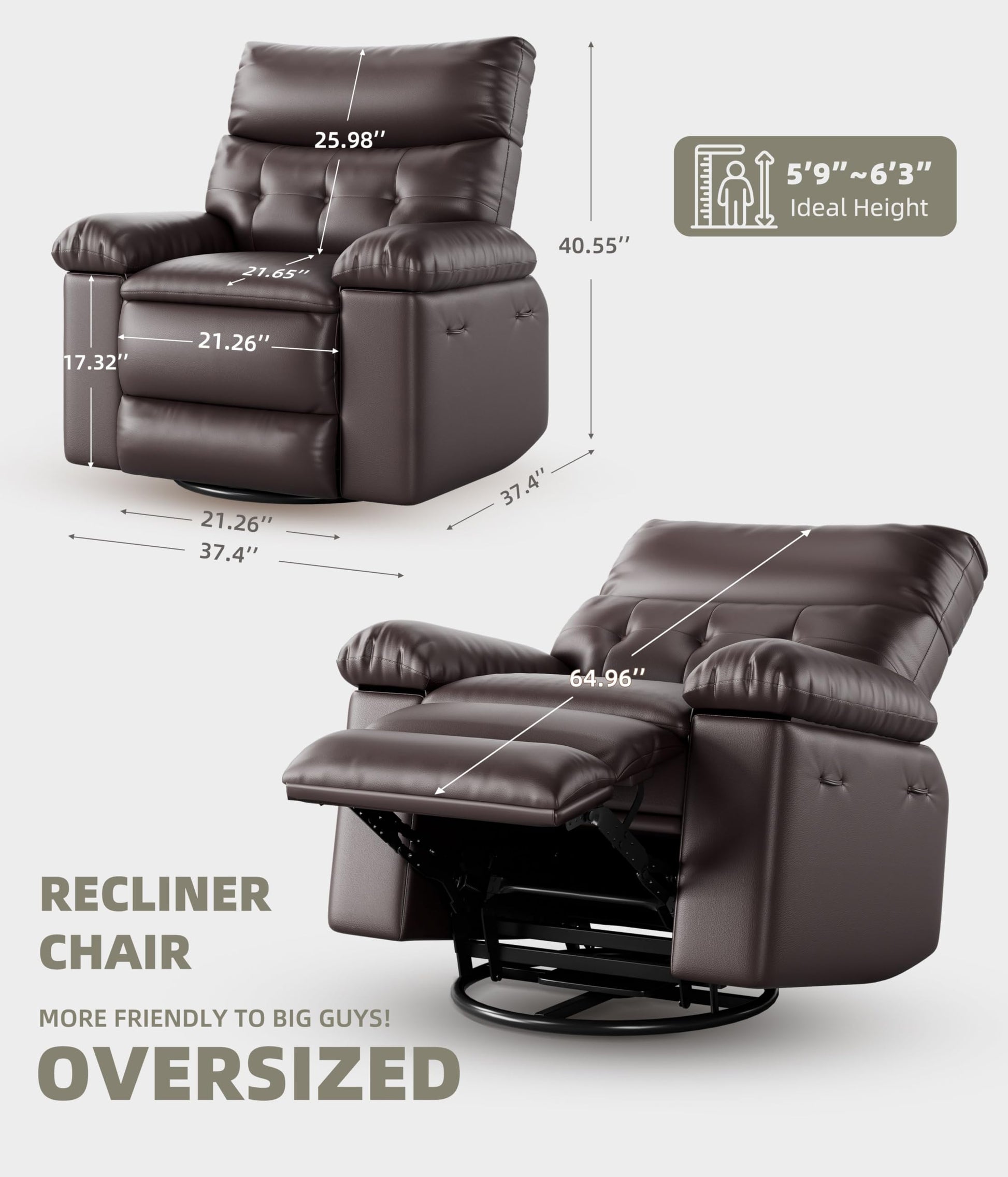 GARVEE 22'' Rocker Swivel Recliner Chair, Lazy Boy for Adults, with Vibrating Massage and Heating, 1.5X Sponge Filling, Side Pocket, and Cup Holder, for Living Room, Bedroom, and Nursery