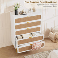 GARVEE 5 Drawer Dresser for Bedroom, Rattan Chest of Drawers with Deep Drawers, Large Modern Double Dresser for Closet with Wide Top, Horizontal Wooden Dresser for Living Room, Hallway, Kids Room, Natural