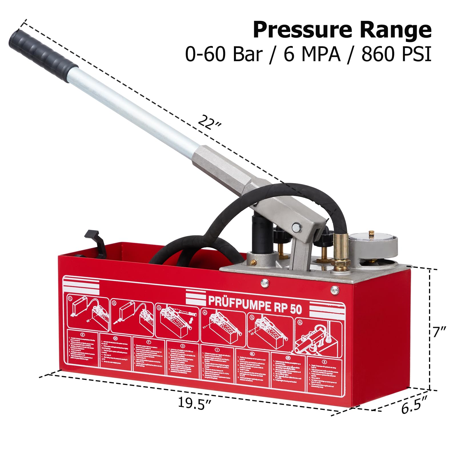 GARVEE 50 Bar Hydrostatic Pressure Test Pump, 3.2 Gallon Tank, 726 psi Hydraulic Manual Water Pressure Tester Kit for Pipeline Fluid Pressure Testing