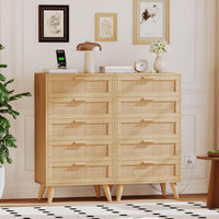 GARVEE 5 Drawer Dresser for Bedroom, Rattan Chest of Drawers with Deep Drawers, Large Modern Double Dresser for Closet with Wide Top, Horizontal Wooden Dresser for Living Room, Hallway, Kids Room, Natural