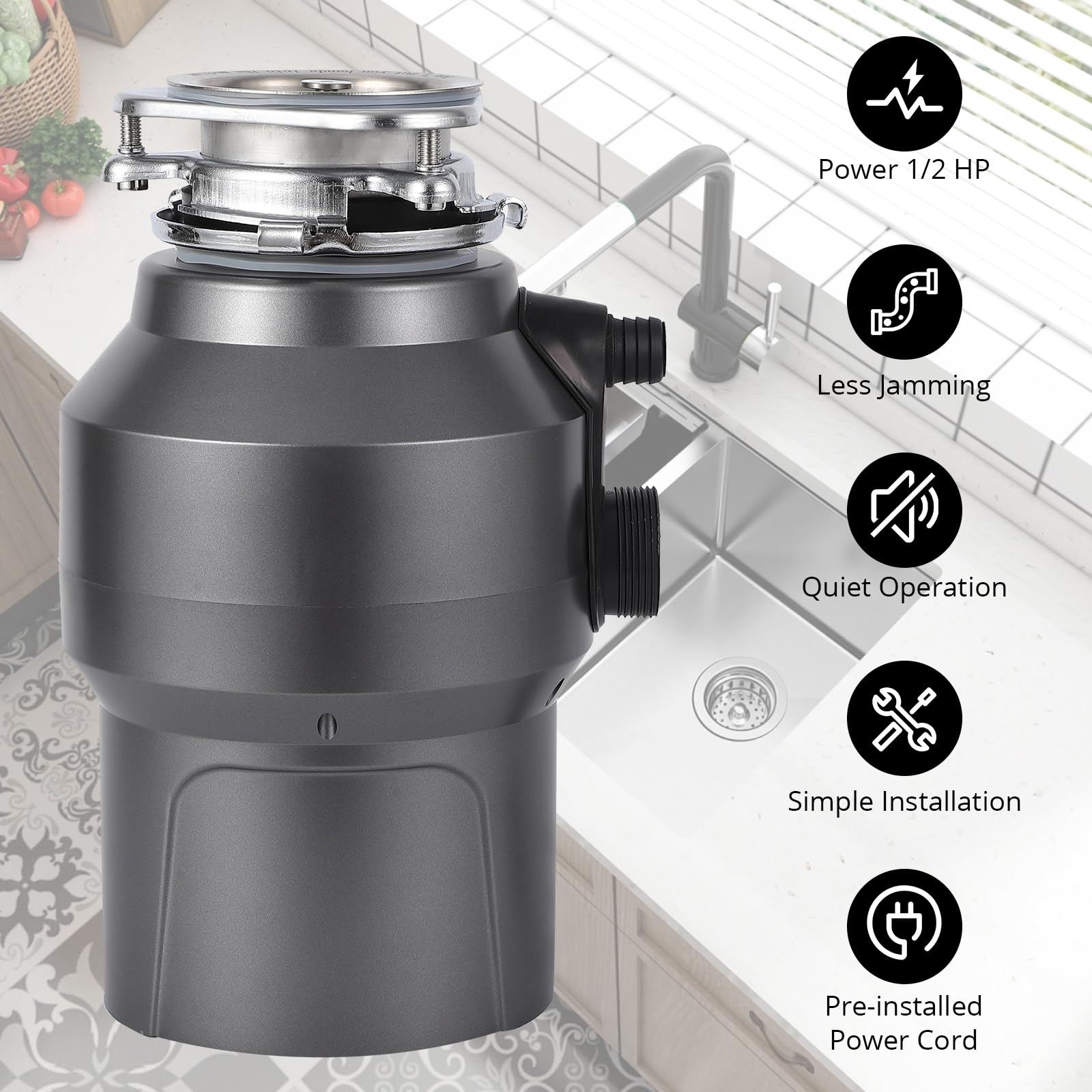 GARVEE 1/2HP Garbage Disposal, 380W 110V Food Waste Grinding System for Kitchen Sinks, Continuous Feed Food Waste Disposer With 14 Inch Power Cord, 3500r/Min, wirelee Switches