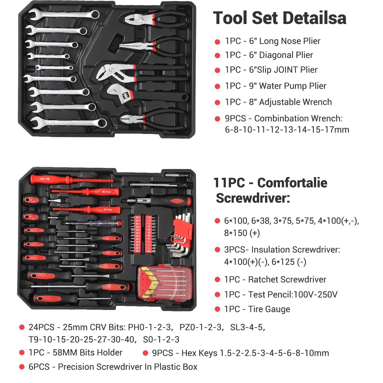 GARVEE 800 Piece Tool Kit Aluminum Trolley Case Tool Set, Socket Wrench Hand Tool Set Mechanic Rolling Tool Box, House Repair Kit Set, Household Hand Tool Set, with Tool Belt