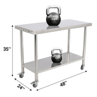 GARVEE Stainless Steel Work Table, 48"x24" Heavy Duty Prep Table with Undershelf, High Load Bearing Metal Table, Commercial Worktable with 4 Wheels & Hooks for Kitchen Restaurant