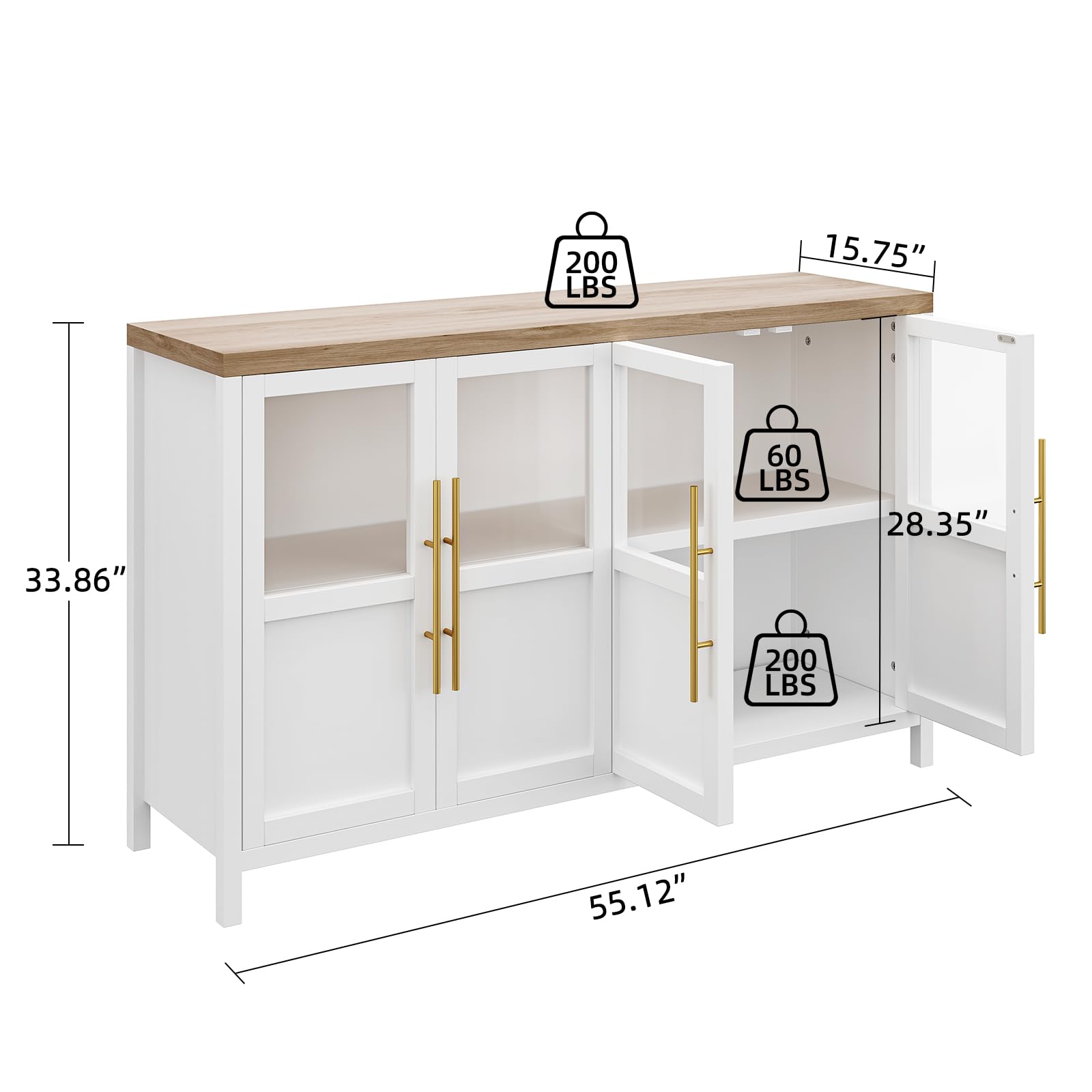 GARVEE Sideboard Buffet Cabinet with 4 Glass Doors, 55" Large Buffet Cabinet with Storage, Modern Farmhouse Storage Cabinet Table for Kitchen Dining Room, Living Room (Glass with 4 Door, White)