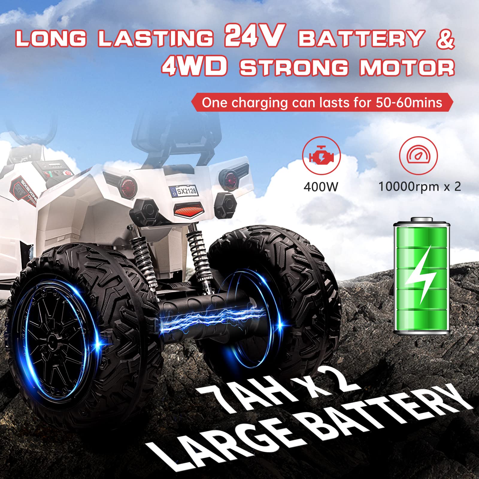 GARVEE 24V Kids ATV, Ride on Car 4WD Quad Electric Vehicle, 4x80W Powerful Engine, with 7AHx2 Large Battery, Accelerator Handle, EVA Tire, Full Metal Suspension, LED Light, Bluetooth&Music - White