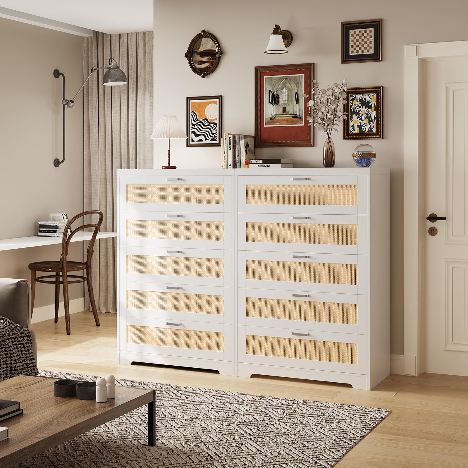 GARVEE 5 Drawer Dresser Rattan Dresser, Tall Chest of Drawers, Wood Dresser for Bedroom, Closet, Living Room, Hallway