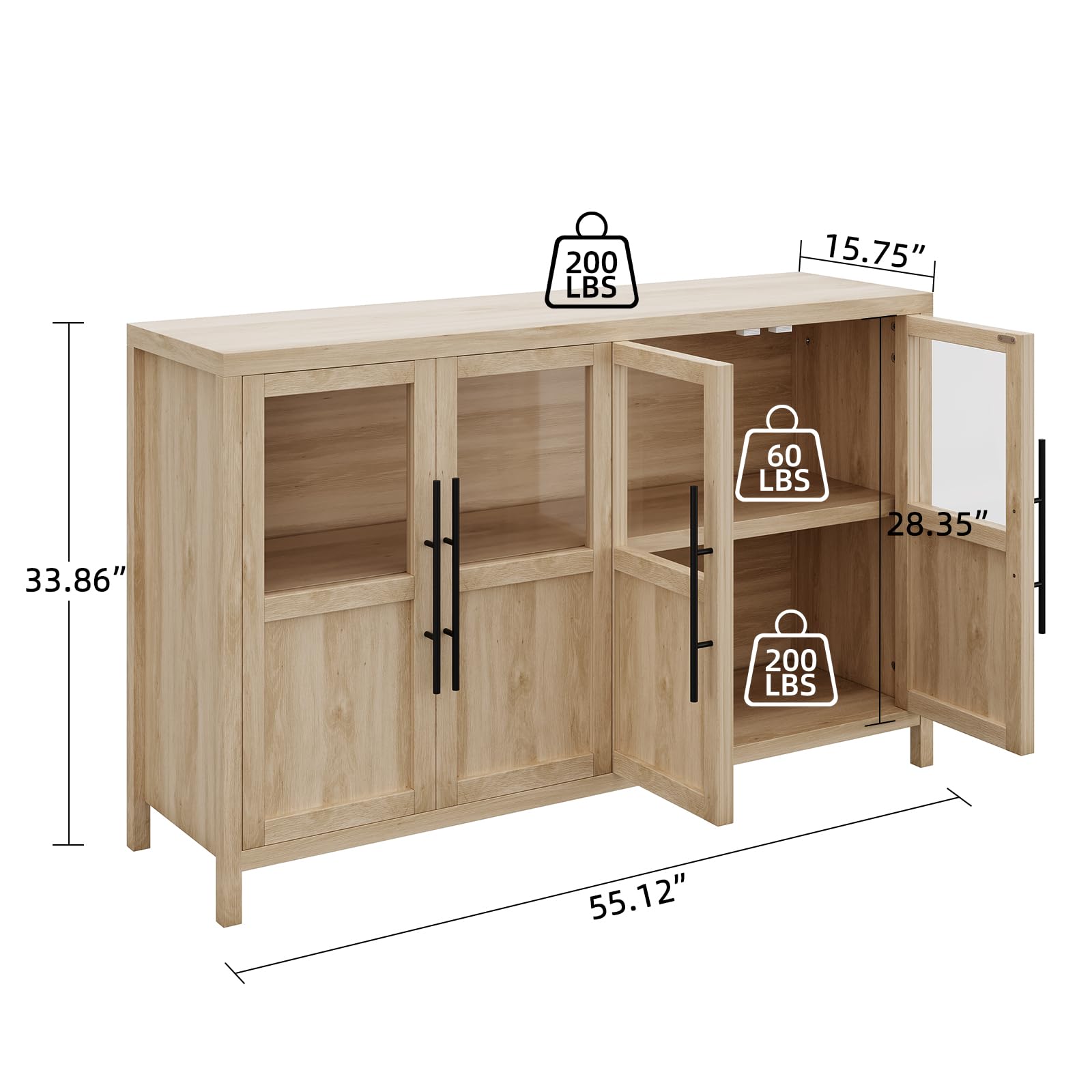 GARVEE Sideboard Buffet Cabinet with 4 Glass Doors, 55" Large Buffet Cabinet with Storage, Modern Farmhouse Storage Cabinet Table for Kitchen Dining Room, Living Room(Glass with 4 Door, Pear Wood)