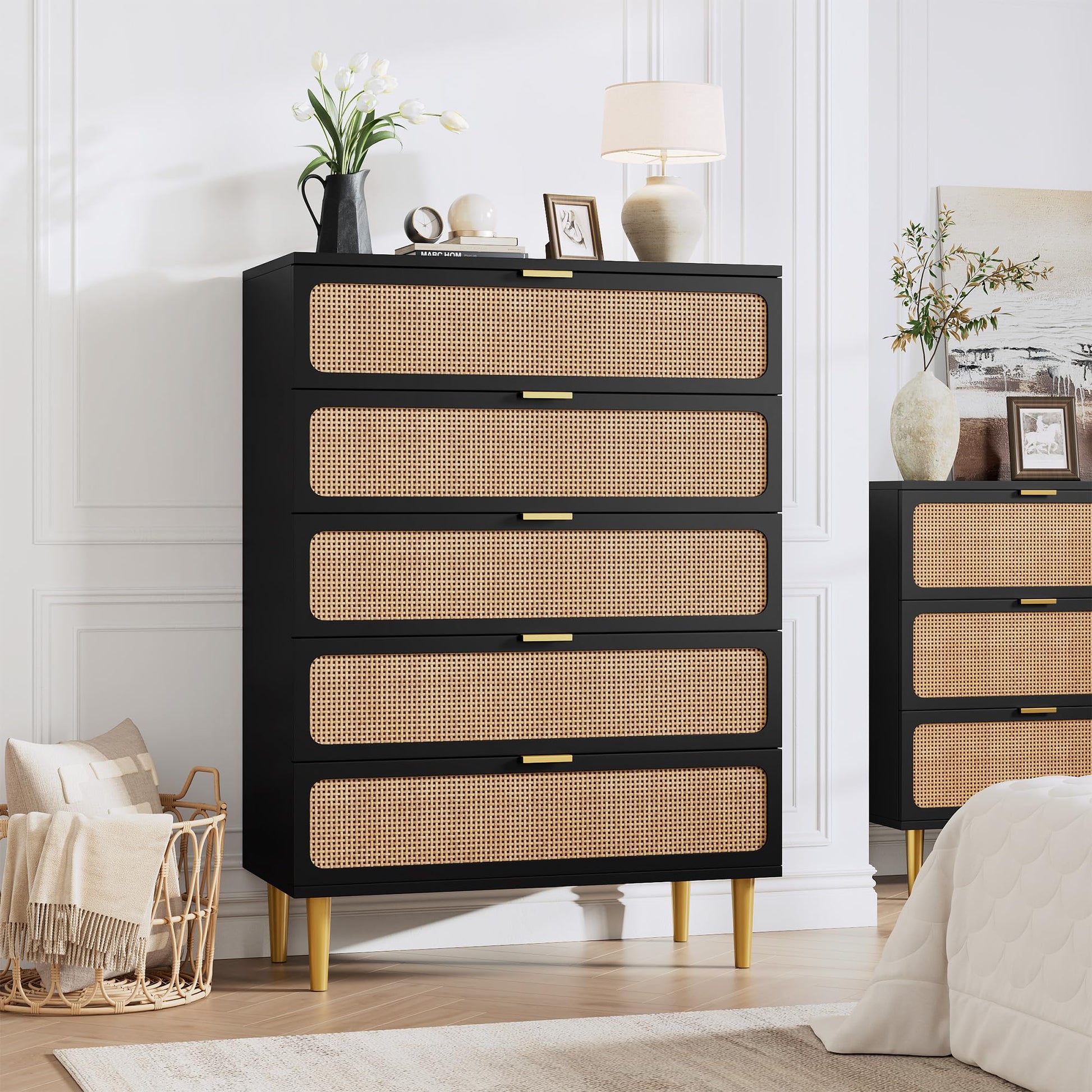 GARVEE 5 Drawer Dresser for Bedroom, Rattan Chest of Drawers with Deep Drawers, Large Modern Double Dresser for Closet with Wide Top, Horizontal Wooden Dresser for Living Room, Hallway, Kids Room, Black