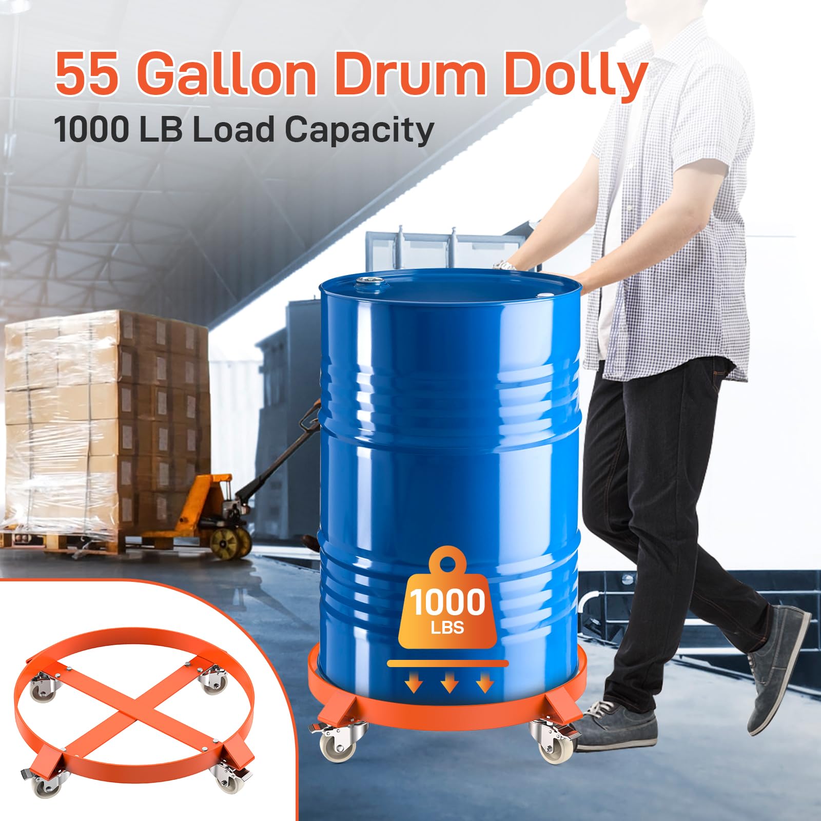 GARVEE Two-Piece 55 Gallon Drum Dolly, Heavy Duty Barrel Dolly with 4 Caster Wheels, 1000 LBS Capacity Trash Can Dolly Non-tipping Hand, Orange Steel Frame Dolly