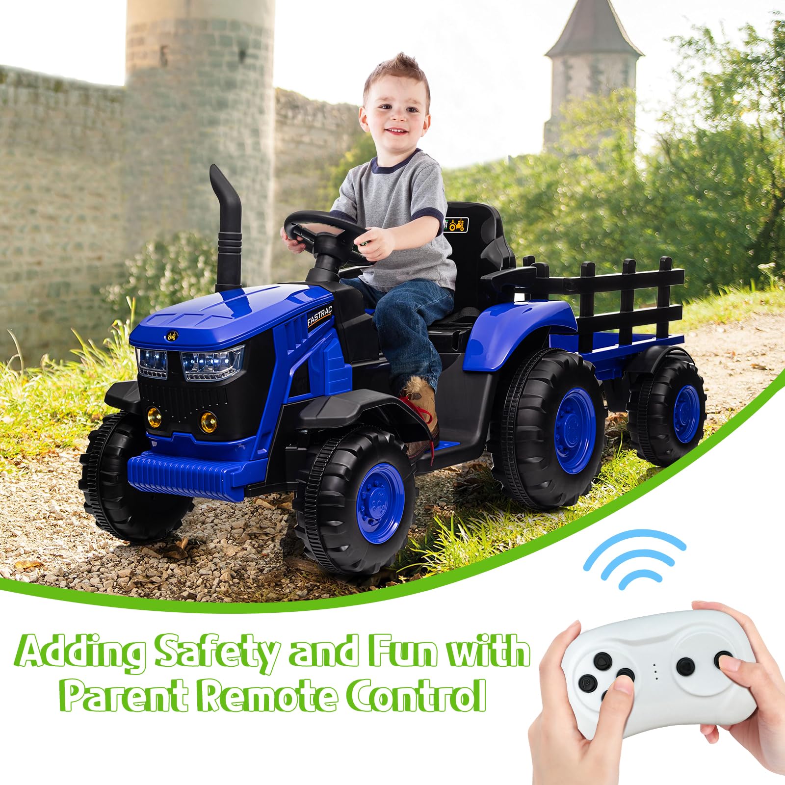 GARVEE 12V Remote Control Tractor for Kids with 7-LED & Safety Belt - Blue