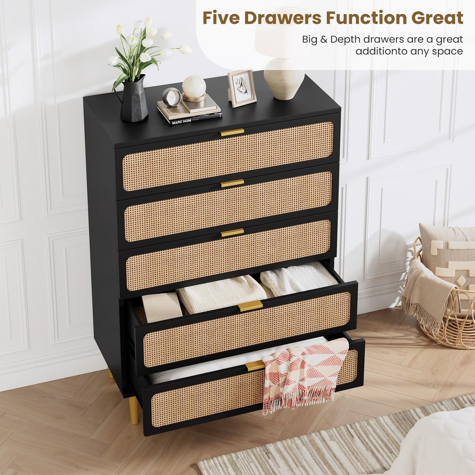 GARVEE 5 Drawer Dresser for Bedroom, Rattan Chest of Drawers with Deep Drawers, Large Modern Double Dresser for Closet with Wide Top, Horizontal Wooden Dresser for Living Room, Hallway, Kids Room, Black