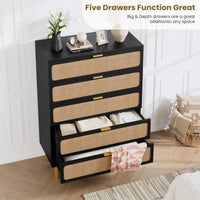 GARVEE 5 Drawer Dresser for Bedroom, Rattan Chest of Drawers with Deep Drawers, Large Modern Double Dresser for Closet with Wide Top, Horizontal Wooden Dresser for Living Room, Hallway, Kids Room, Black