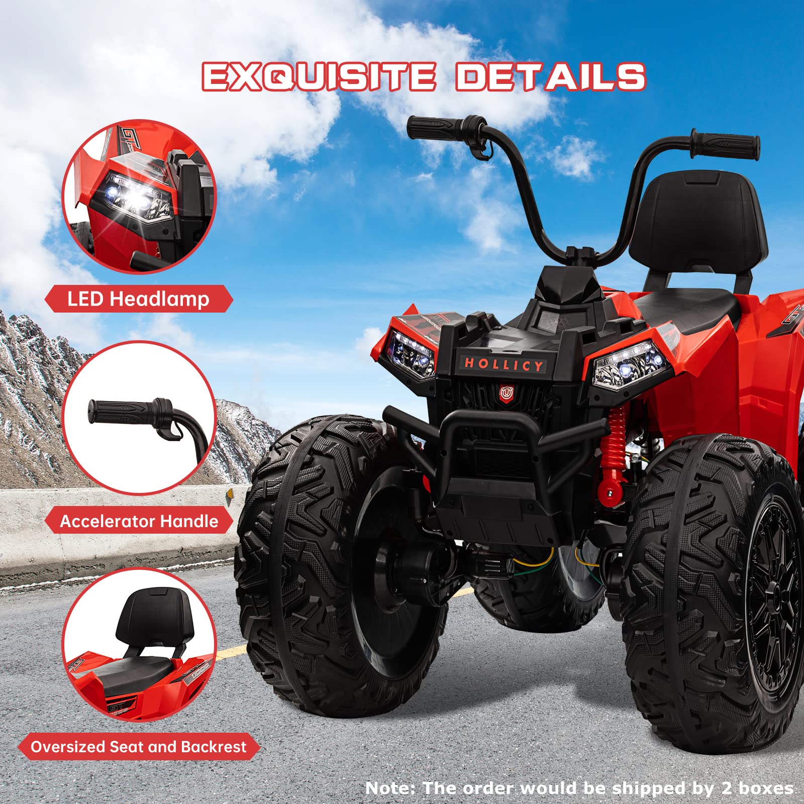 GARVEE 24V Kids ATV, Ride on Car 4WD Quad Electric Vehicle, 4x80W Powerful Engine, with 7AHx2 Large Battery, Accelerator Handle, EVA Tire, Full Metal Suspension, LED Light, Bluetooth&Music - Red