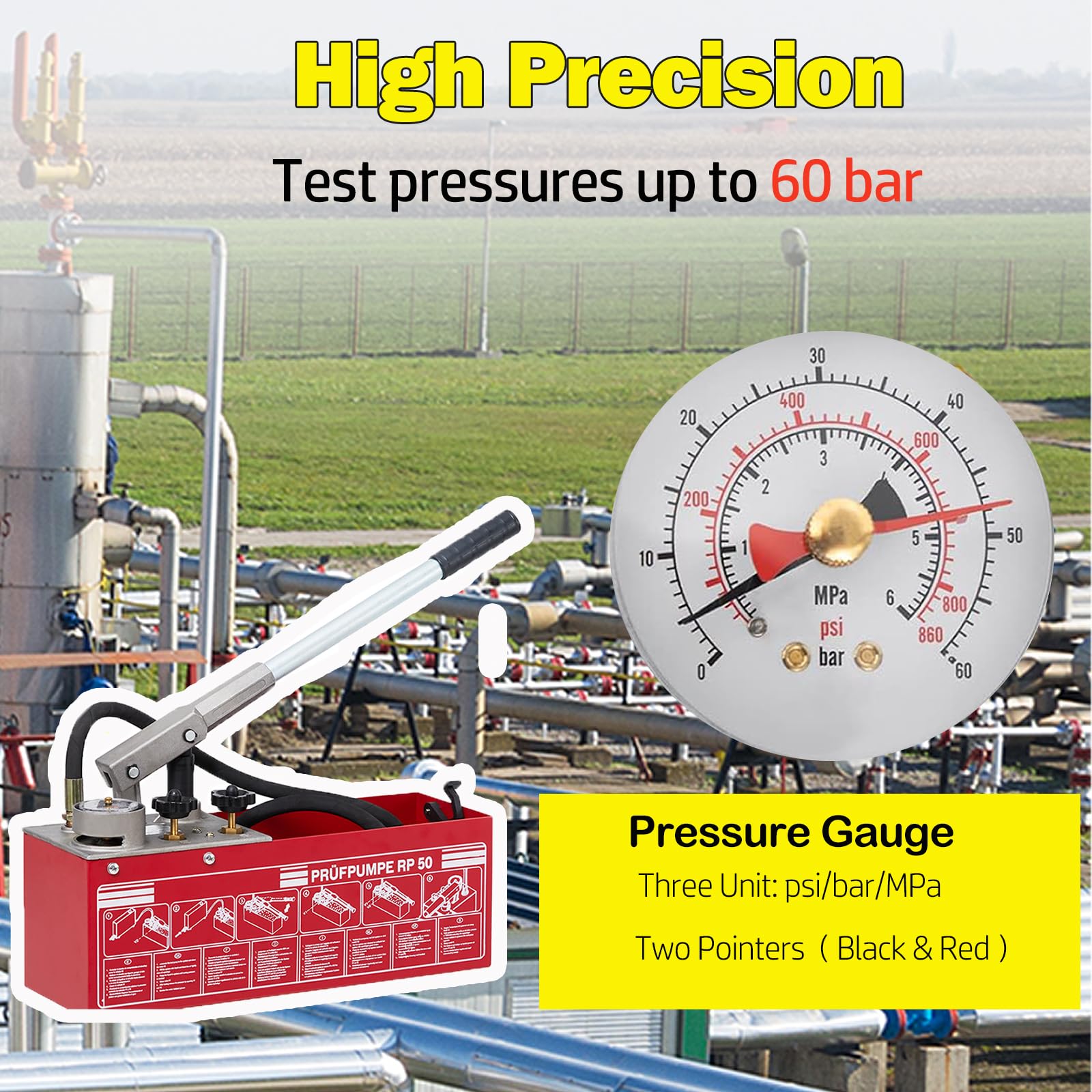 GARVEE 50 Bar Hydrostatic Pressure Test Pump, 3.2 Gallon Tank, 726 psi Hydraulic Manual Water Pressure Tester Kit for Pipeline Fluid Pressure Testing