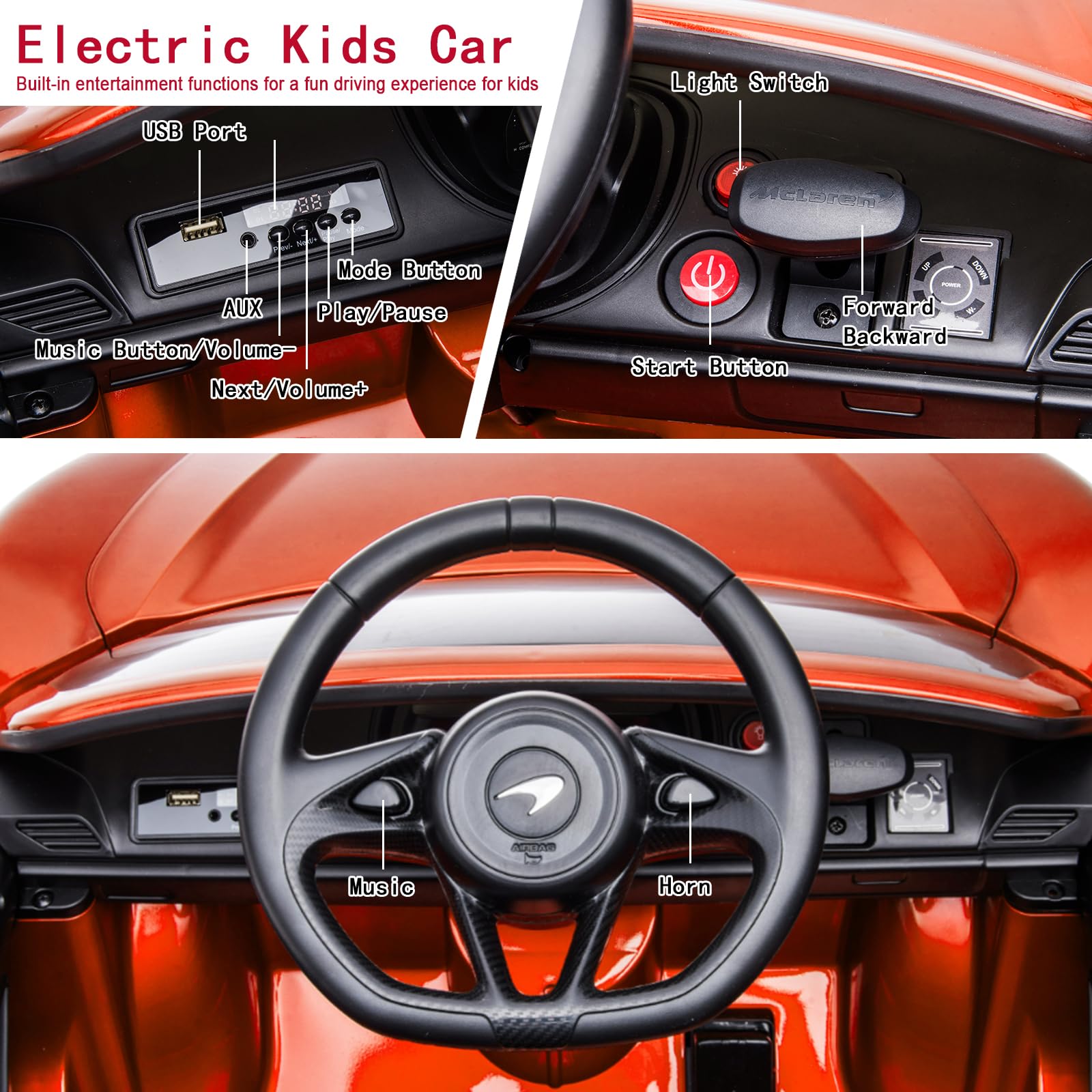 GARVEE 12V Kids Ride on Car, Licensed Mclaren Battery Powered Electric Car with Remote Control, 3 Speeds, Bluetooth Music, Horn, LED Lights, 4-Wheel Ride on Toys - Orange