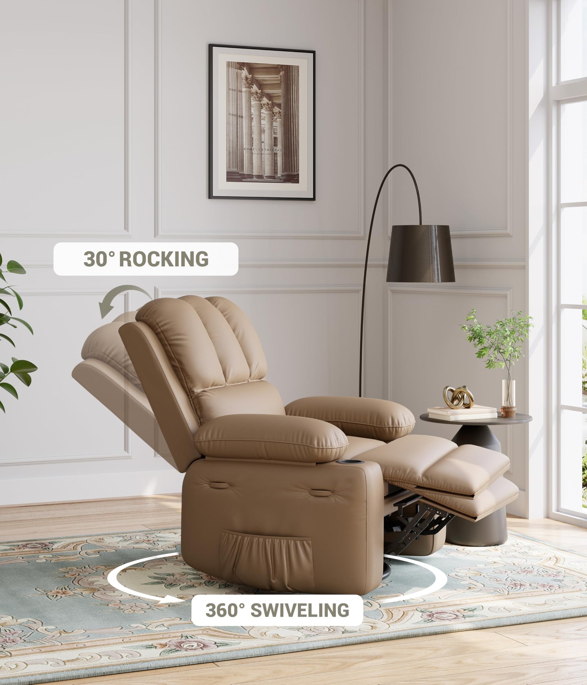 GARVEE 22'' Rocker Swivel Recliner Chair, Lazy Boy Recliner for Adults, with 1.5X Sponge Filling, Side Pocket, and Cup Holder, for Living Room, Bedroom, and Nursery, Tan