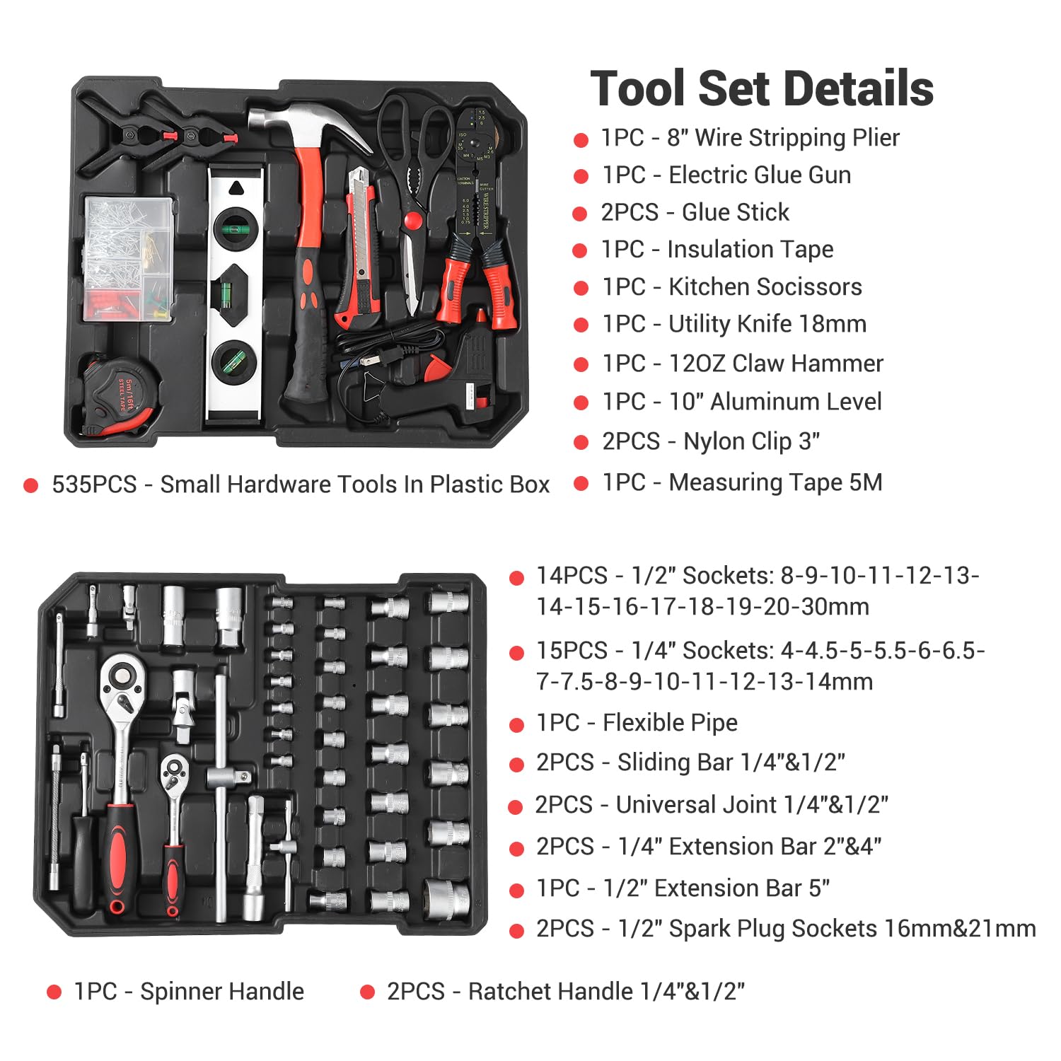 GARVEE 800 Piece Tool Kit Aluminum Trolley Case Tool Set, Socket Wrench Hand Tool Set Mechanic Rolling Tool Box, House Repair Kit Set, Household Hand Tool Set, with Tool Belt