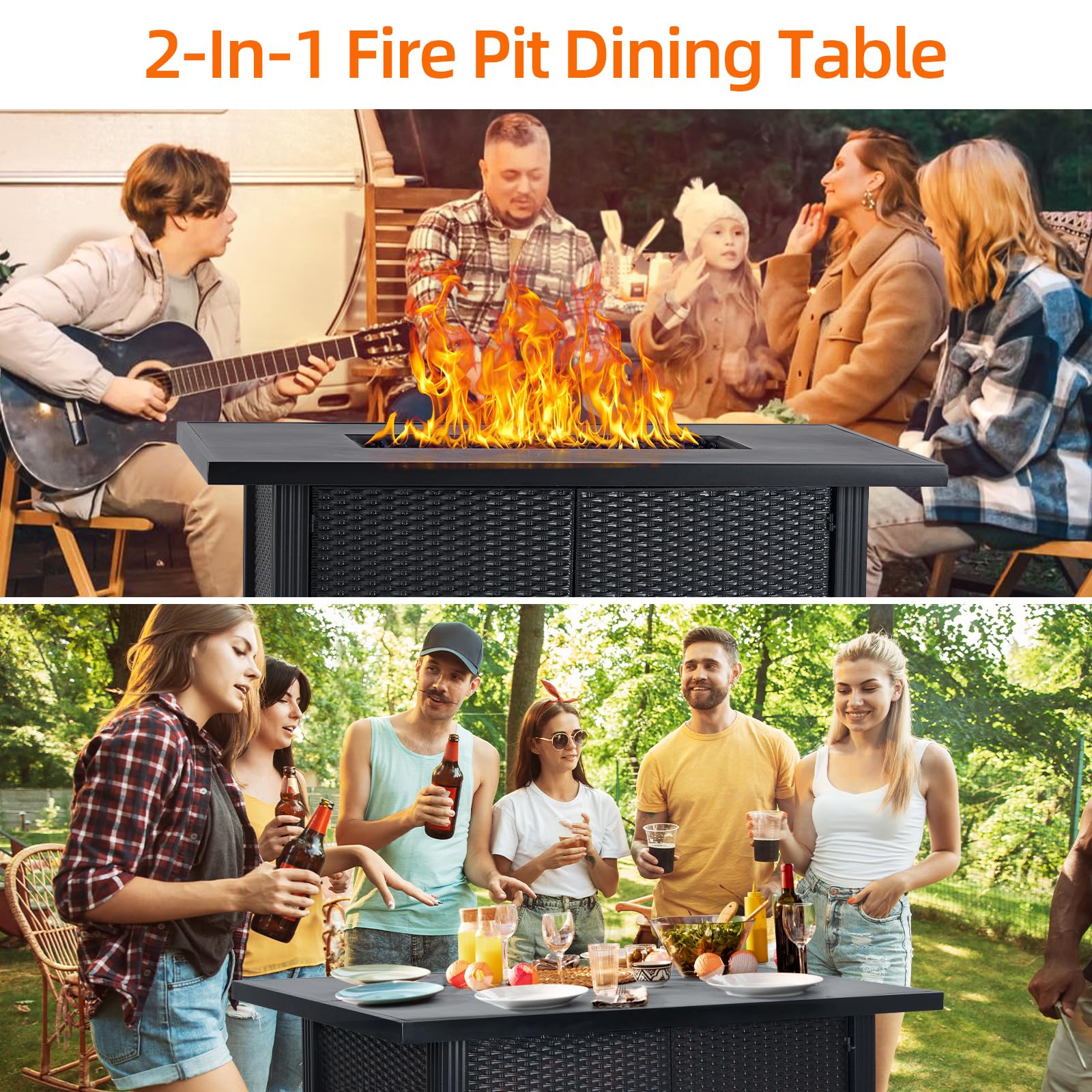 GARVEE 57 Inch Gas Fire Pit Table, 50,000 Btu Outdoor Propane Fire Pit with Lid, Rain Cover, Volcanic Rocks, Rectangular Fire Table for Outside Garden, Patio, Yard, Metal Fence Surface